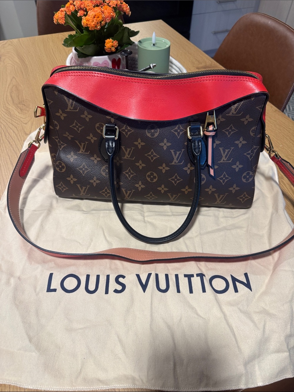 Louis Vuitton Brown Monogram Shoulder Bag with Red Trim